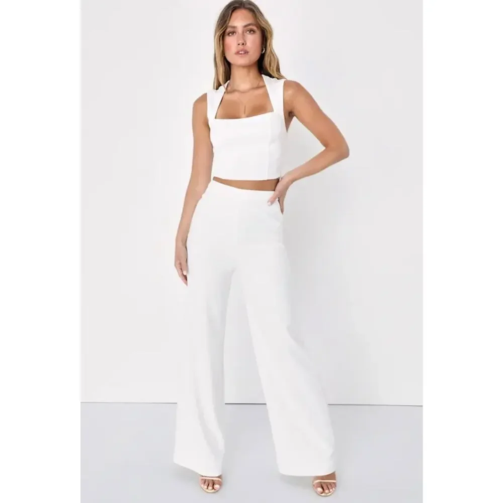 Lulus Enticing Endeavors White Two-Piece Jumpsuit - Wide Leg Bridal Set Size M - Picture 1 of 16